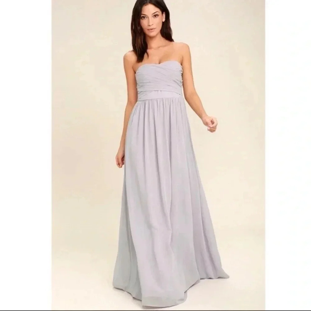 NWOT Lulu’s Moonlight Serenade Gray Strapless Maxi Dress with Slit Size Large
